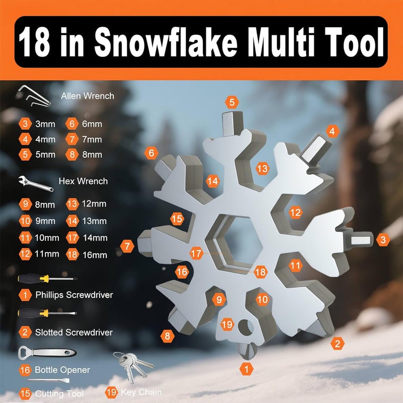 KULOLO Snowflake Multi Tool 2 Pack - Stainless Steel 18 in 1 Multitool with Carabiner,Bottle Opener & Wrench,Stocking Stuffers for Men,White Elephant Gifts, Christmas Gifts for Him(Silver + Black) - Image 3